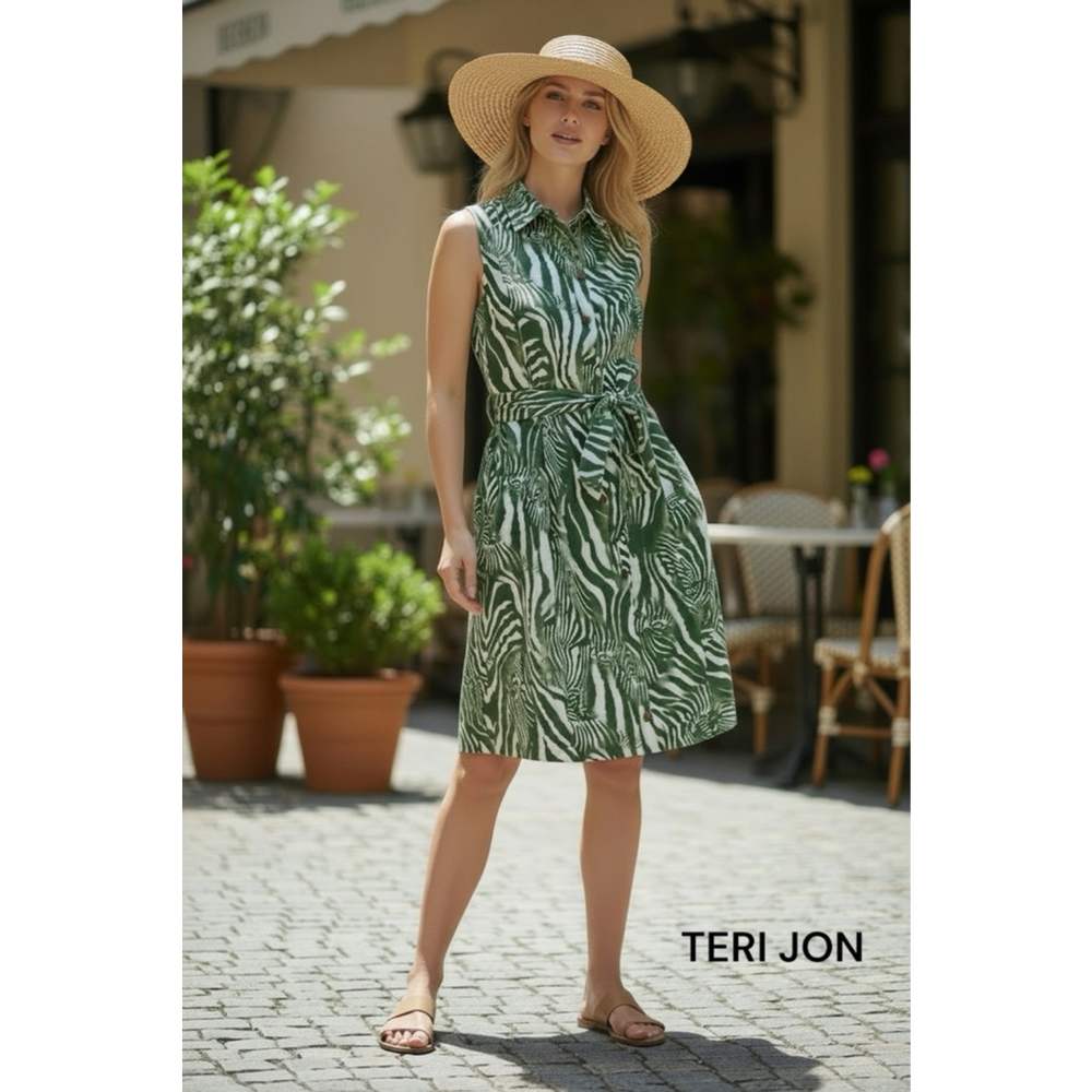 TERI JON Green & White Zebra Print Sleeveless Cotton Dress Size 2